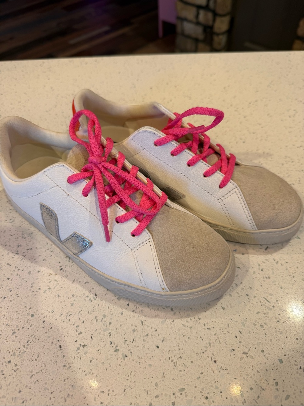 Veja White Sneakers with Pink Laces and Silver V Logo